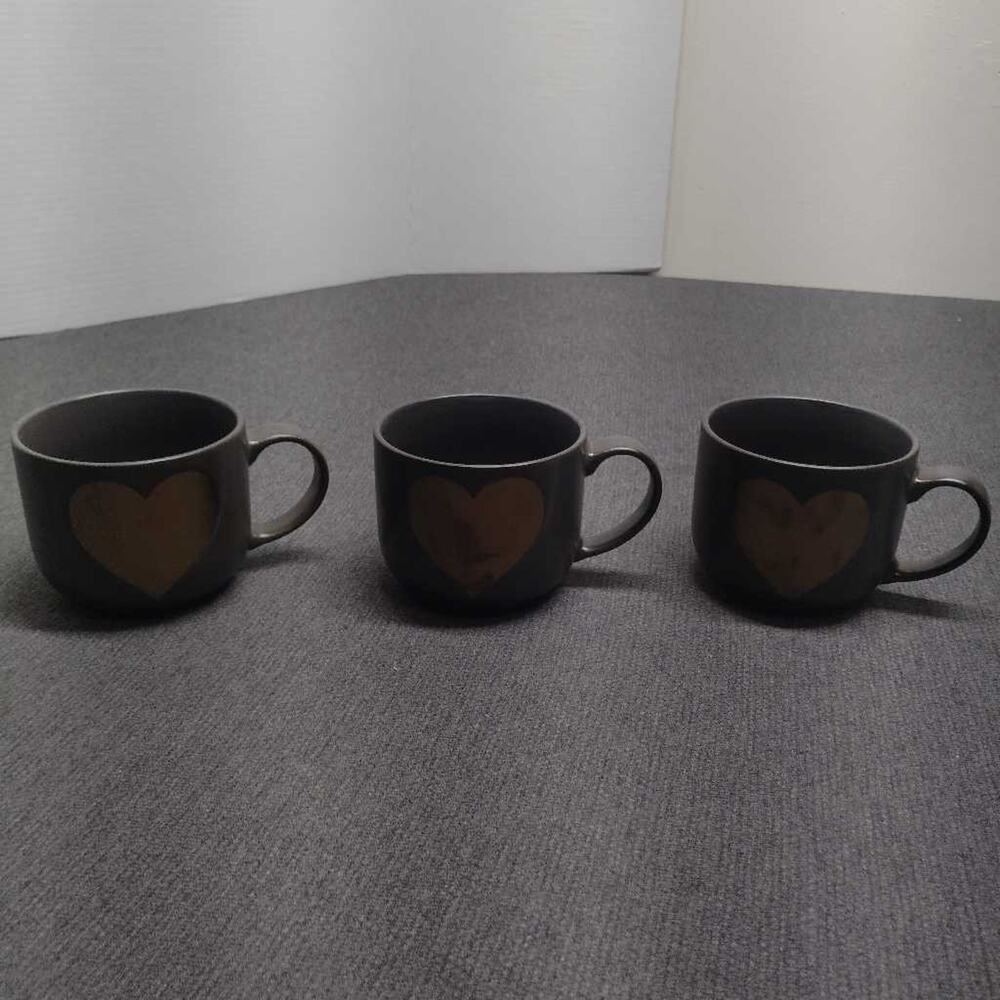 Potters Corner Gray Heart Ceramic Mugs Set of 3 Coffee Cups Gold Accent